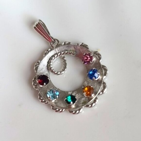 Vintage Jewelry - Vintage 50s Rainbow Sterling Silver Multi Colour Crystal Scallop Pendant